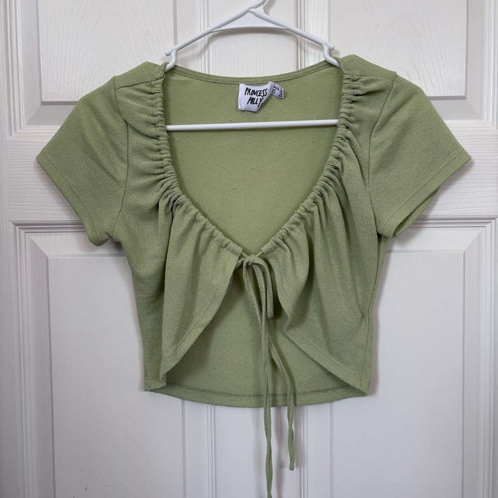 Princess Polly Light Sage Ruched Tie-Front Crop Top